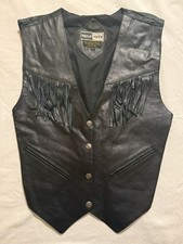 Mona Mode Leather Vest Womens LARGE Black Snap Fringed Western Cowgirl Vintage