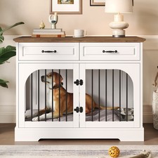 43.3" Dog Crate Furniture,Wooden Dog Kennel with 2 Storage Drawers  Food Bowls