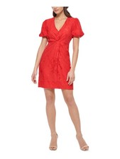 GUESS Womens Red Twist Front Lined Short Sleeve Short Party Sheath Dress 14