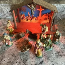 Vintage Chalkware Hand Painted Nativity Set 12 Paper Mache Figurines Music Box