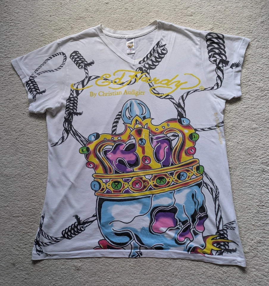 Vintage Don Ed Hardy Mens Skull Rope Design White V Neck T-shirt - Size Large - Image 2 of 4