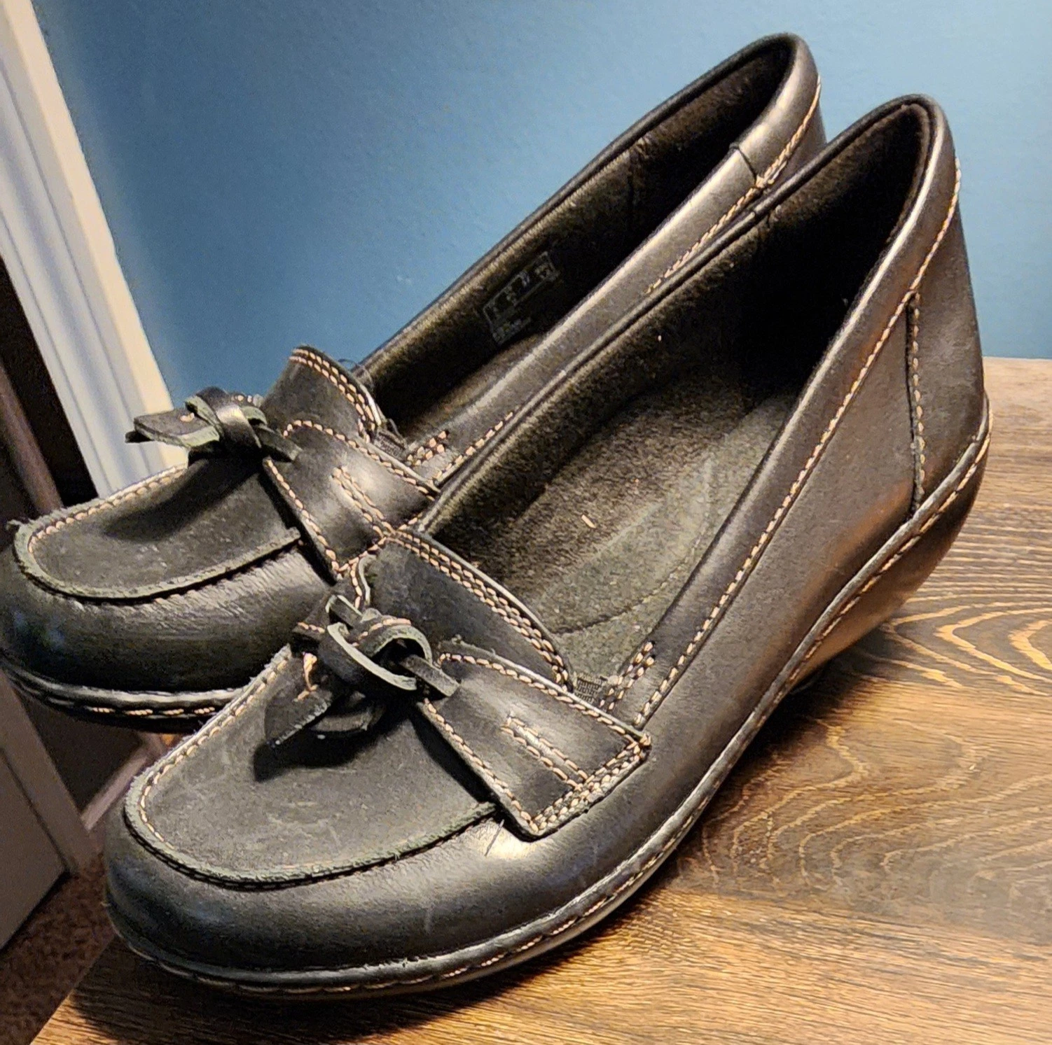 Mocassini donna Clarks neri in pelle con fiocco comodi casual ballerine 6 5