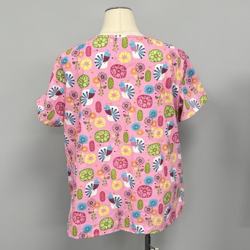 SB Scrubs Scrub Top Plus 2X Pink Flowers And Birds Nurse Uniform Floral Cotton - Picture 2 of 6