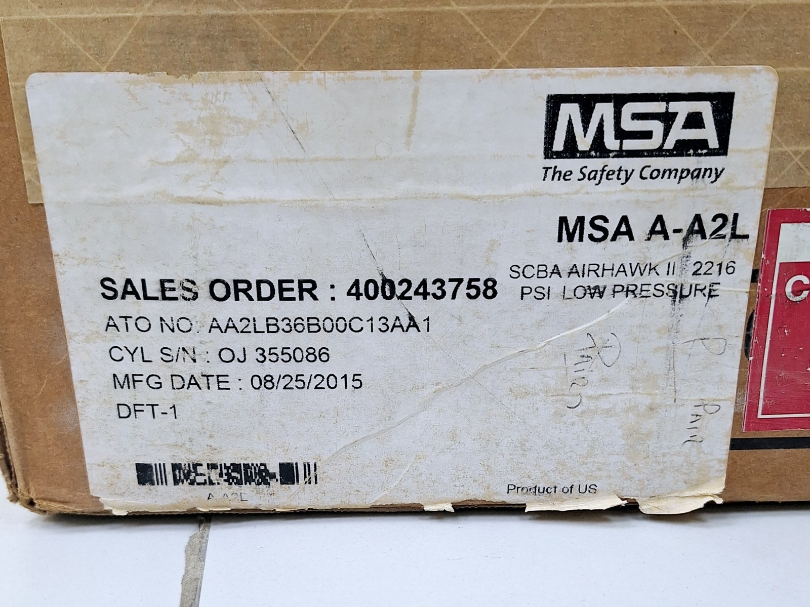 Mine Safety Appliances MSA A-A2L / SCBA Airhawk II / Air Mask 2216 PSI