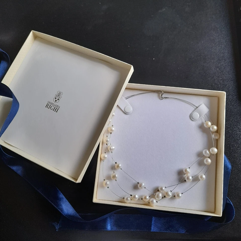 COLLANA PERLE DI FIUME SU FILI ARGENTO 925 GIOIELLO DONNA SPLENDIDA CON SCATOLA - Immagine 4 di 4