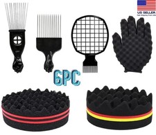 6PC Hair Sponge Set, Magic Curl Glove, Afro Brush, Metal Pick Comb, Twist Comb
