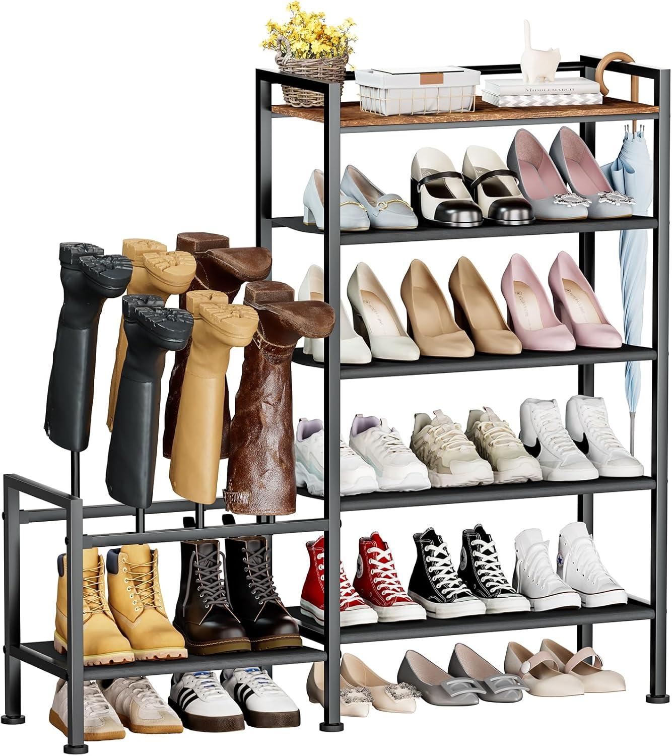 5-Tier Metal Shoe Rack Organizer with Boot Storage & Side Pockets-image
