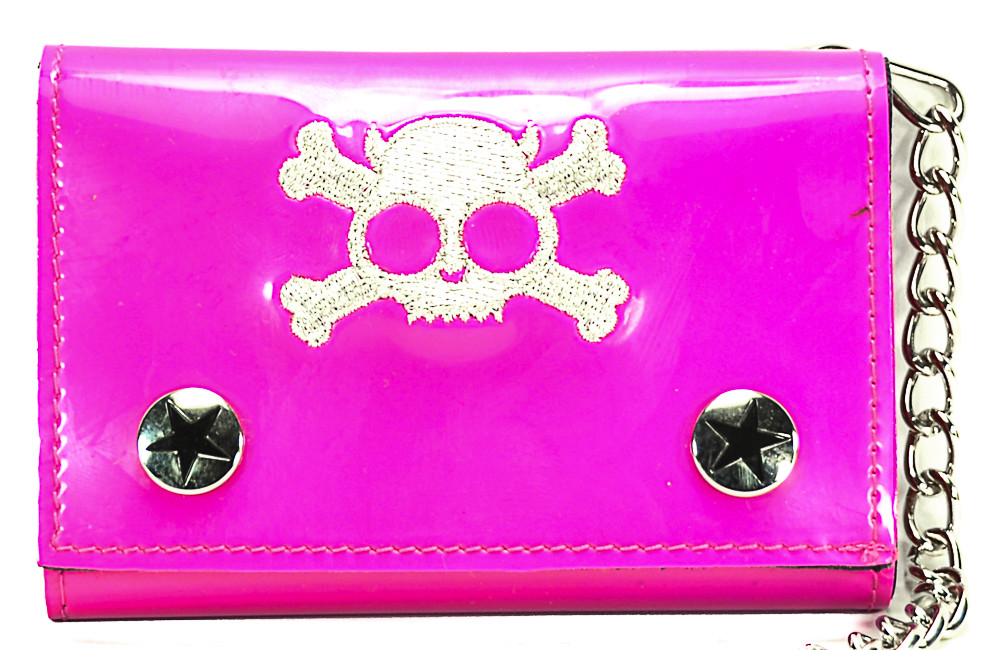 Pink Skull Tri-Fold Biker Chain Wallet With 12