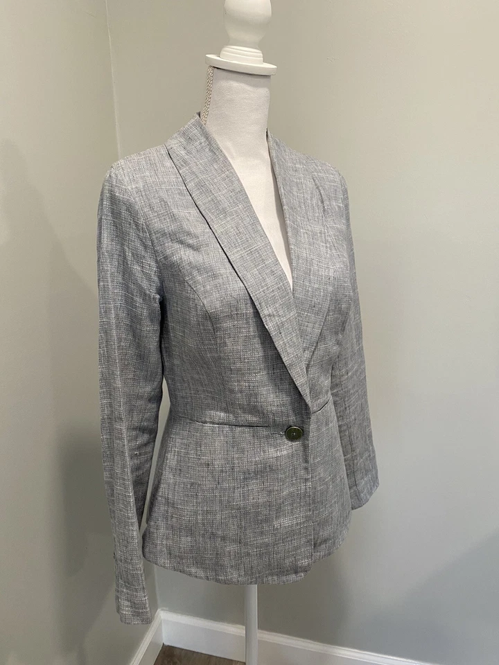 Chaqueta Blazer CAbi Mujer Sencillo Pecho Beachwalk Talla 2 Azul Mezcla de Lino Foto 2 de 4