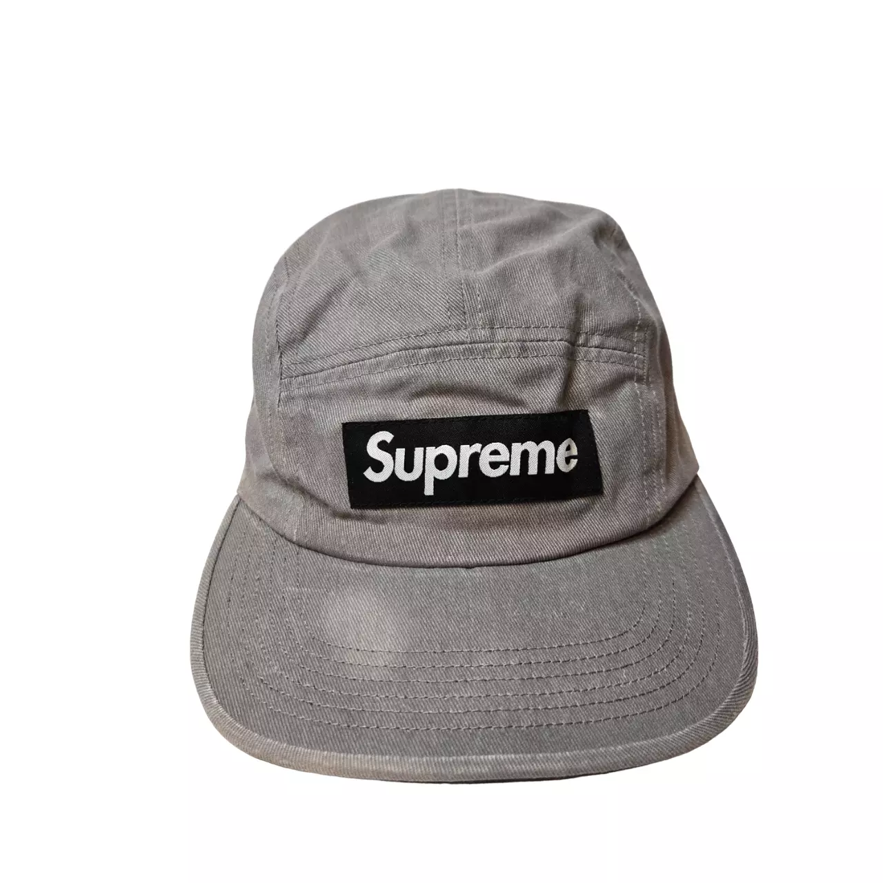 Casquette homme Supreme gris sergé sangle nylon boucle plastique respirante 5 panneaux