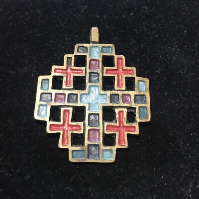 Vtg 1960 s TSG Terra Santa Guild Stained Glass Cross Enamel Pendant signed