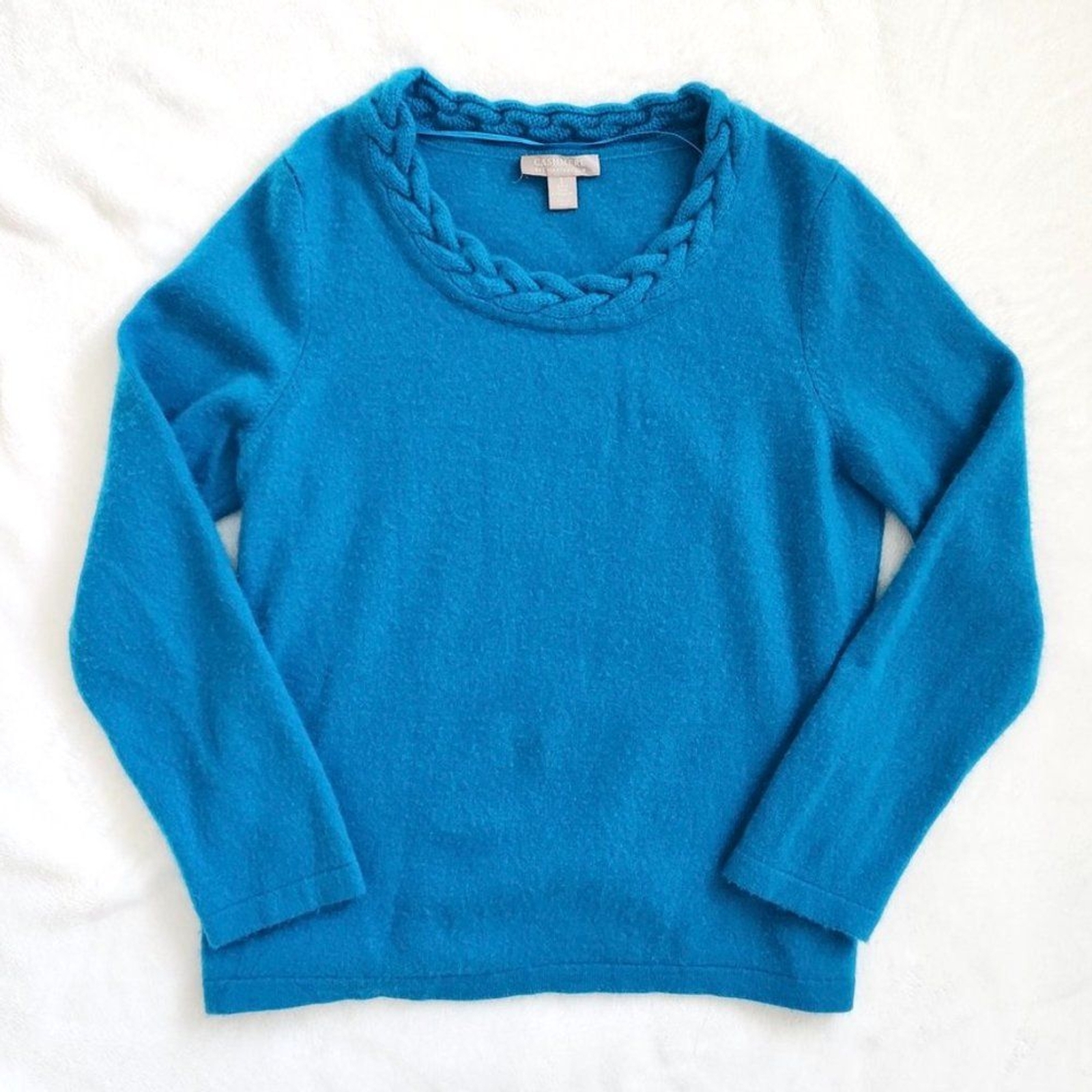 Charter Club Cashmere Sweater Size Large Turquoise Cable Knit Braid Detail Blue