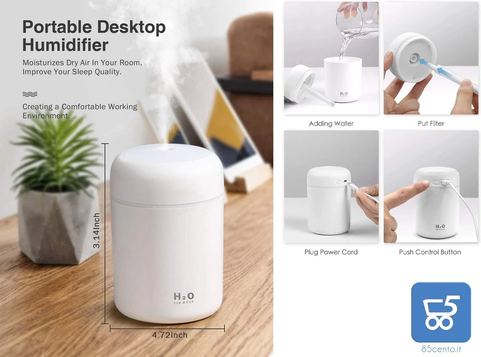 Mini Umidificatore da Scrivania Casa Ufficio Spegnimento Automatico USB Bianco - Immagine 3 di 4