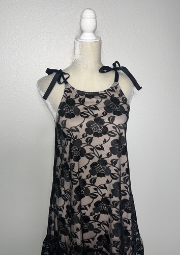Storia Black Floral Lace Sleeveless A Line Ruffle Shift Dress Bow Romantic New M - Picture 3 of 11