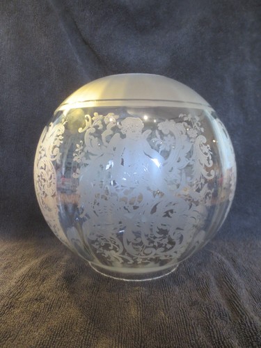 SUPERB DELICATE ORIGINAL ANTIQUE CHERUB RIBBED ACID ETCHED DUPLEX OIL LAMP SHADE - Picture 12 of 15