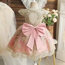 Birthday Party Dresses For Embroidery Floral Big Bow Girls Pink Gala Costume