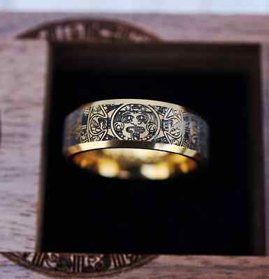 Engraved Walnut Wood Aztec Culture Calendar Rectangular Ring with Ring Box - 8mm