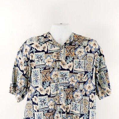 Pierre Cardin Large Blue Cotton Floral Button Down Tropical Shirt Short Sleeve