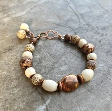 Tribal Boho Bracelet Sandstone Agate African Ethnic White Bone, Lost Wax Copper