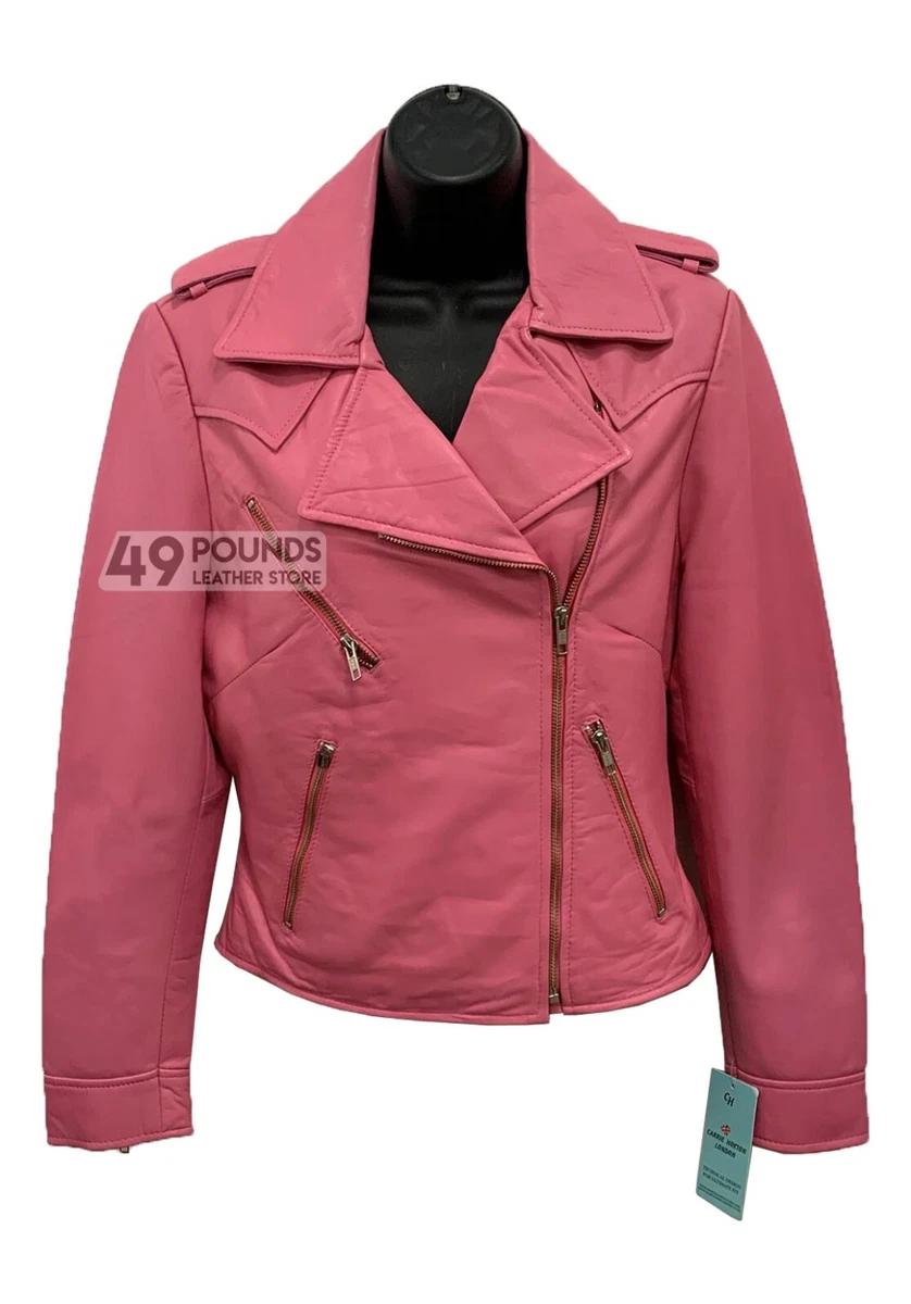 Ladies Pink Biker Style Fitted Short Soft Napa Italian Leather