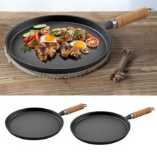 Round Cast Iron Skillet Frying Pan Non Stick Griddle Plate with Wooden Handle