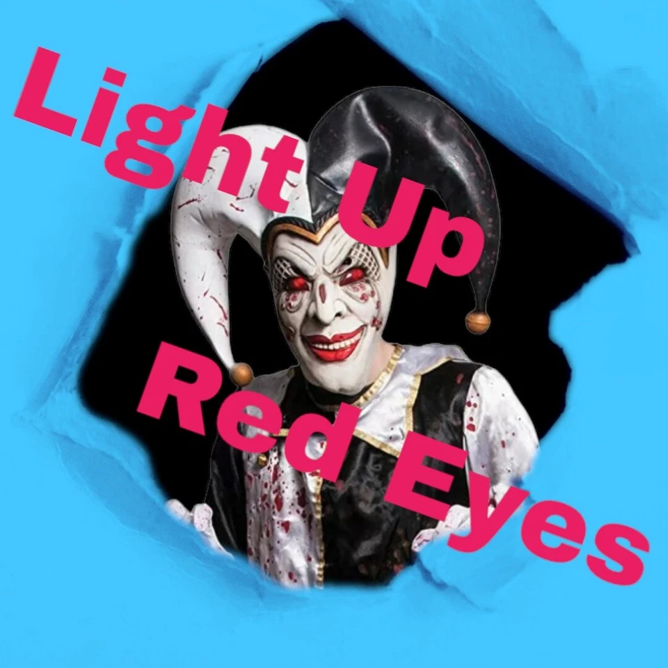 Juego de disfraces de arlequín malvado, bufón. Payaso, iluminar ojos rojos, circo medieval Foto 3 de 4