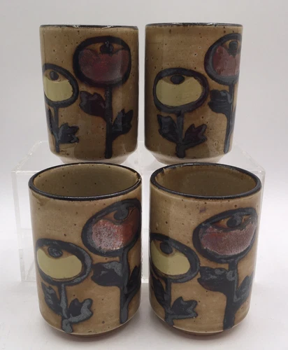 Vtg Otagiri Tan Speckled Coffee Juice Glasses Stoneware Abstract Flowers Set 4