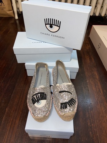 CHIARA FERRAGNI LASHES WINK SILVER GLITTER ESPADRILLES sz US 7 EUR 38 $400