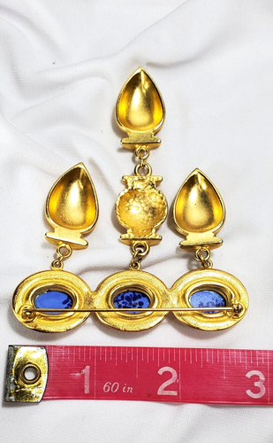 Vintage Gold Blue Statement Brooch Runway 80s Moghul Style - Picture 2 of 4