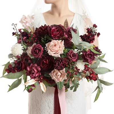 Ling's Moment Red Wedding Bouquets for Bride, Burgundy and Blush Bridal Bouqu...