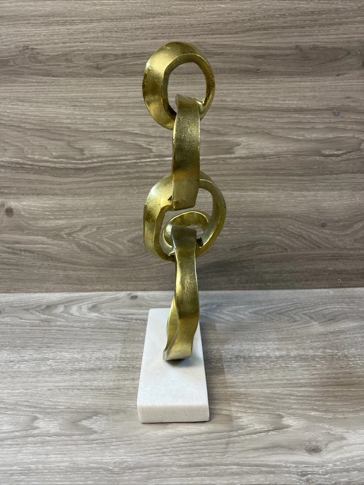 Gold Aluminum Modern Ring Sculpture White Stone Base. - Image 4 of 4