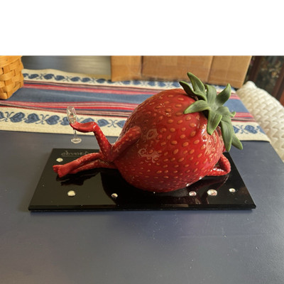 Godard Hand Painted Resin Strawberry Figurine Sculpture with Champagne Glass