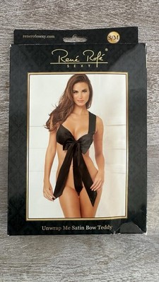 NEW Unwrap Me Satin Bow Teddy Sexy Lingerie Rene' Rofe Size S/M BLACK New in Box