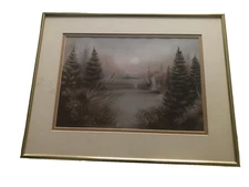 Pastel painting of evergreen trees winter sunset by WI artist Peggy Gramarossa