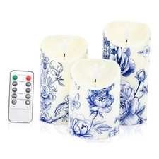 3 Pcs Chinoiserie Flameless Candles Blue and White Battery Operated LED
