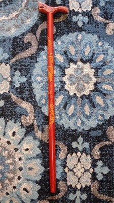 Vintage Red Lacquer Cane Walking Stick Dragon Head 35'' Chinese Boho 
