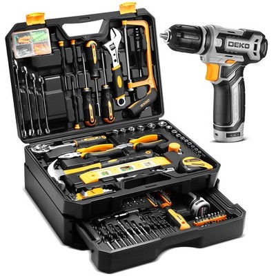 Werkzeugset mit Bohrmaschine Werkzeugkoffer: DEKO Heimmechaniker Werkzeugkoffer mit 12V Power Akku