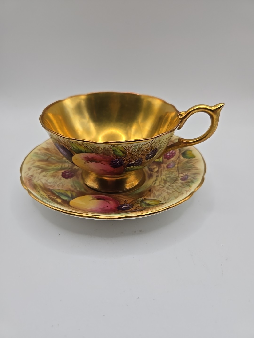 Aynsley Footed Teacup & Saucer Gold ORCHARD FRUIT England Both Signed N. Brunt