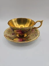 Aynsley Footed Teacup & Saucer Gold ORCHARD FRUIT England Both Signed N. Brunt