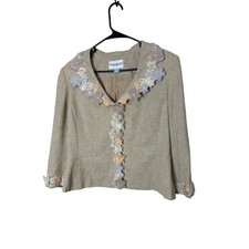 John Meyer of Norwich Tan Floral Applique Blazer Jacket Womens 14 3D Flower
