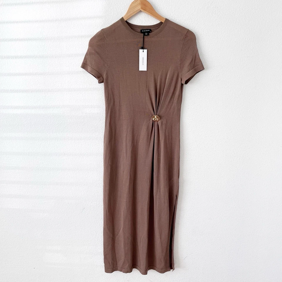 Nuevo con etiquetas Vestido Karen Millen Recortado Verano Tejido Columna en Caqui Claro Talla S Foto 2 de 4