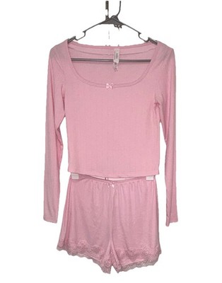 Auden Pink Ribbed Knit Scoop Neck Long Sleeve 2-Piece Pajama Set Bow Trim XS