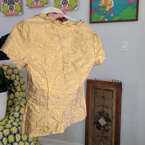 Vtg 60/70s Gold Lamè Crinkle Triple Tie Open Blouse Sexy Glam Holiday Party Sm. - Picture 13 of 16