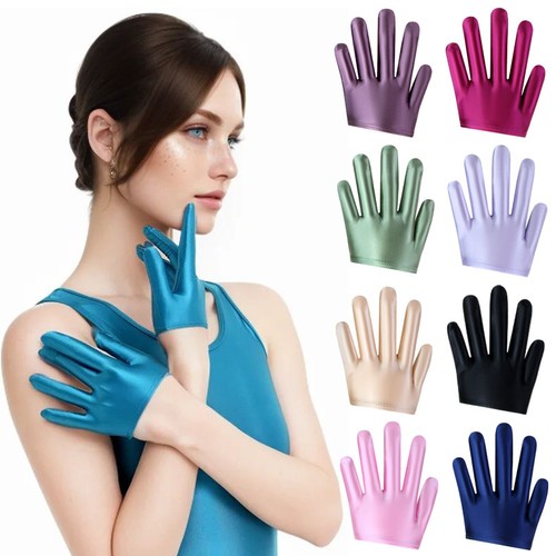 Women's Satin Glossy Half Gloves Party Dress Cosplay Stretch Five Finger Mittens - Picture 2 of 35