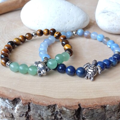 Frog Bracelet, Turtle Bracelet, Spirit Animal, Tiger Eye Bead, Lapis, Aventurine