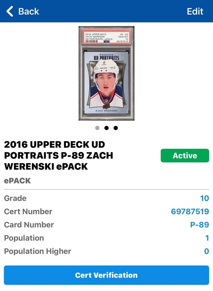 2016 UPPER DECK Zach Werenski PSA 10 RC YOUNG GUNS RAINBOW PORTRAITS ROOKIE Pop1 - Image 3 of 4