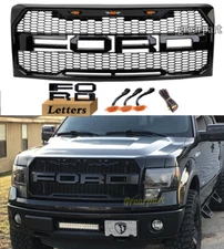 For 2009-2014 Ford F150 Grill Grille Raptor Style Mesh Gloss Black W/Letters