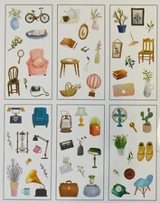 6 Sheets Watercolor Household Items Stickers Papercraft Planner Supply Journal 