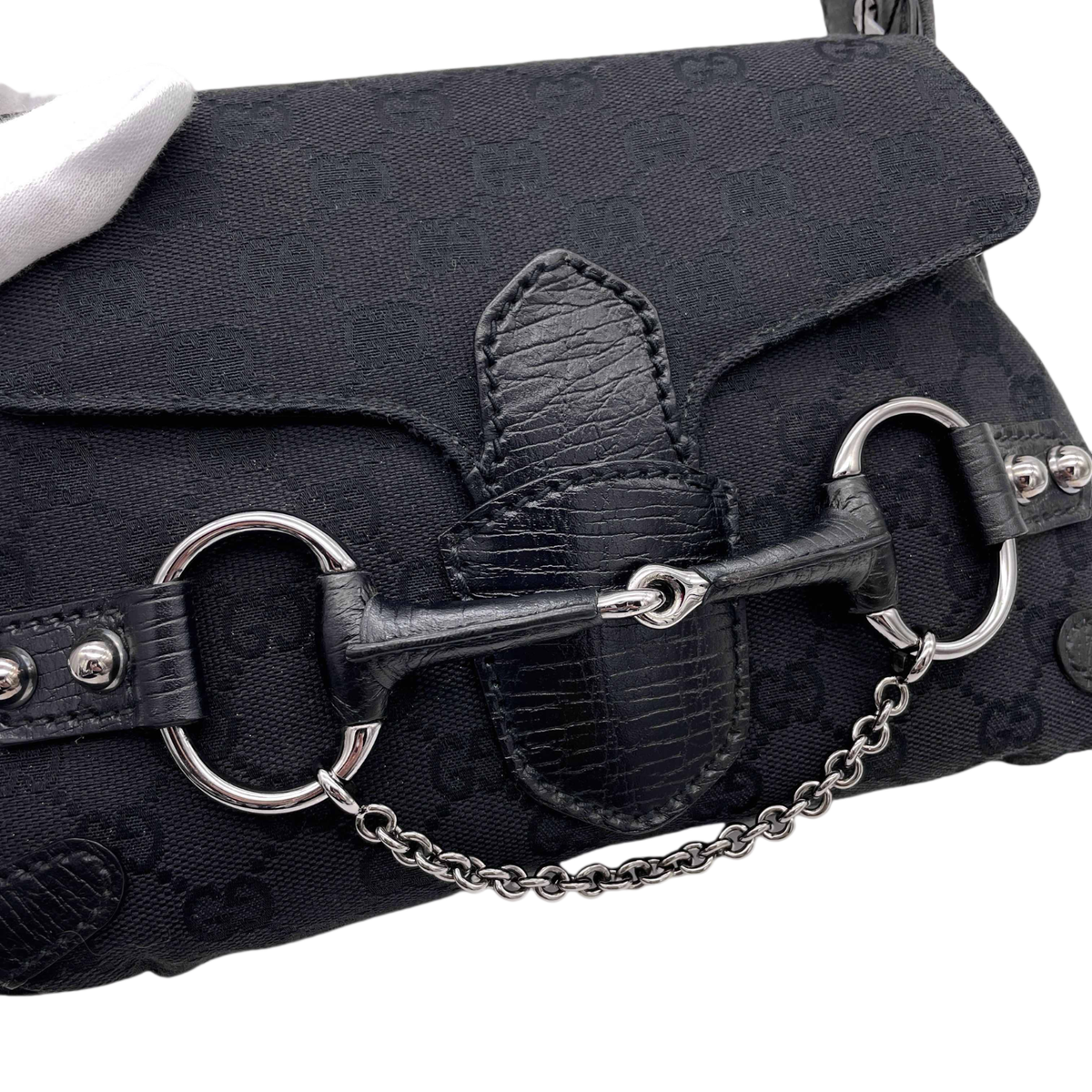 GUCCI Horsebit チェーンショルダーバック/ Auth GUCCI GG Canvas Horsebit Chain Shoulder Bag PM Black