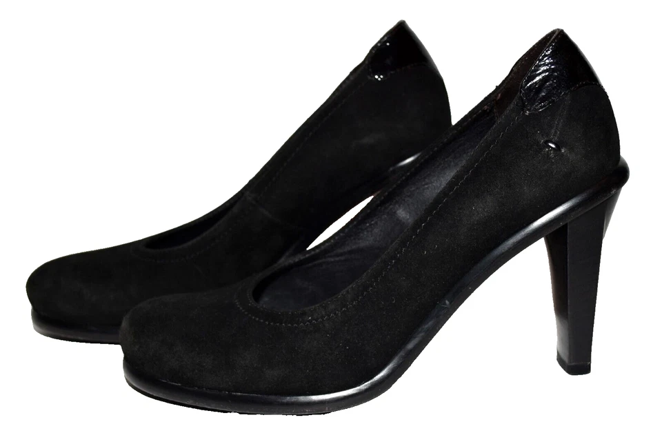 Zapatos de salón Donald Pliner negros de gamuza charol con tacón punta redonda talla 7,5 M Foto 3 de 4